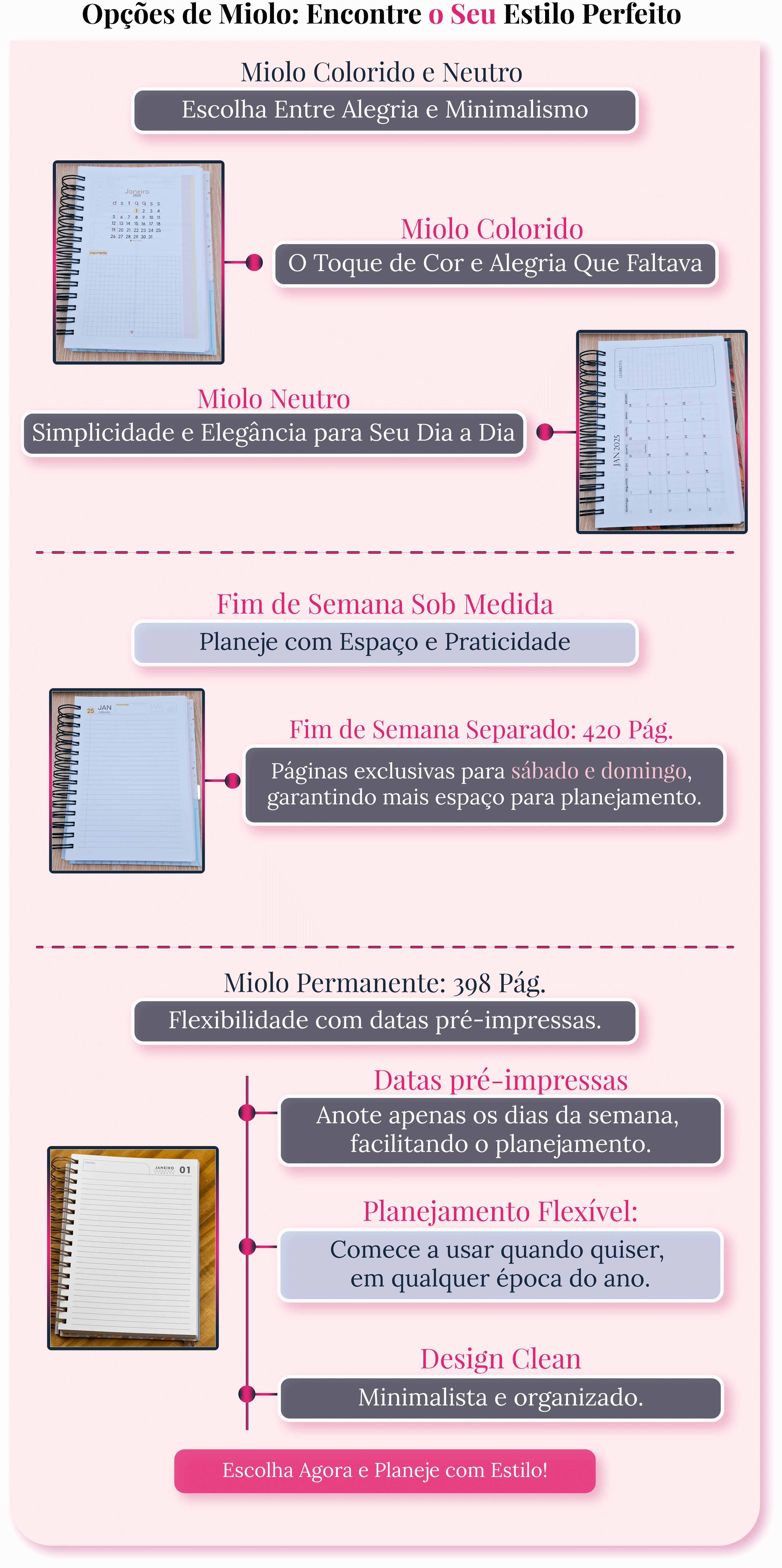 Opções de miolos para agendas personalizadas da A18, incluindo miolo colorido, neutro e permanente com opções de fim de semana junto ou separado.